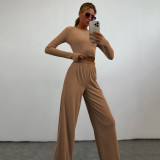 Long Sleeve Solid Color Wide Leg Pants Suit YMZY-0030