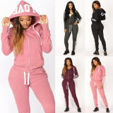 Letter Print Hooded Long Sleeve Sweatshirt Pants Suit YMZY-021