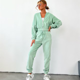Long Sleeve Solid Color Zipper Hooded Pants Suit YMZY-1070