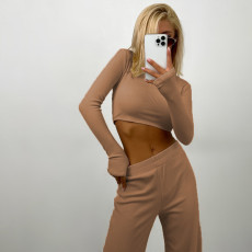 Long Sleeve Solid Color Wide Leg Pants Suit YMZY-0030