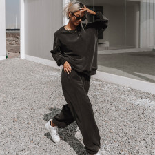 Solid Color O Neck Long Sleeve Sweatpant 2 Piece Set YMZY-0908