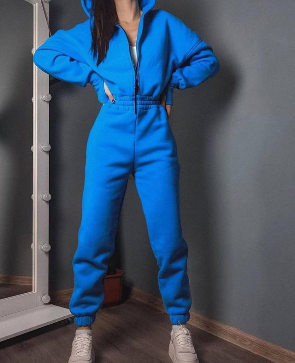 Solid Color Sport Zipper Hooded Two Piece Pants Set YMZY-11203