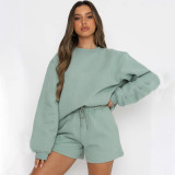 Solid Color Loose O Neck Shorts 2 Piece Set YMZY-8025
