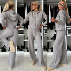 Solid Hooded Sweatshirt Drawstring Wide Leg Pants Suit YMZY-912