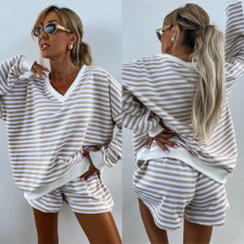 Stripe Color Block V Neck Loose Sport Short Suit YMZY-816