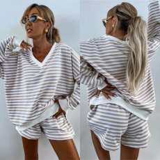 Stripe Color Block V Neck Loose Sport Short Suit YMZY-816