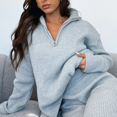 Long Sleeve Solid Color Sweater Two Piece Pants Suit YMZY-18076