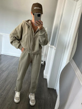 Solid Long Sleeve Zipper Hoodies Two Piece Pants Set YMZY-904