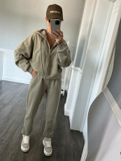 Solid Long Sleeve Zipper Hoodies Two Piece Pants Set YMZY-904