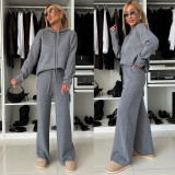 Solid Hooded Sweatshirt Drawstring Wide Leg Pants Suit YMZY-912