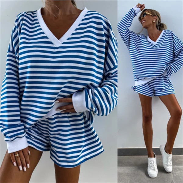 Stripe Color Block V Neck Loose Sport Short Suit YMZY-816