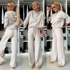 Solid Hooded Sweatshirt Drawstring Wide Leg Pants Suit YMZY-912