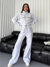 Stripe Long Sleeve Zipper Coat Two Piece Pants Set YMZY-7505