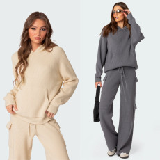 Solid Color Loose Hooded Sweatshirt Pants Sport Suit YMZY-11305