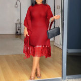 Plus Size Sequin Tassel Bat Sleeve Midi Dress NY-3300