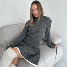 Long Sleeve Knit Button Sweater Skirt Two Piece Set YMZY-7526