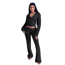 V Neck Zipper Hooded Two Piece Pants Set YD-8819