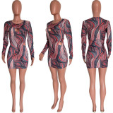 Fashion Print Long Sleeve Slim Mini Dress HMS-6495