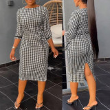 Black White Print 3/4 Sleeve Split Midi Dress SFY-2370