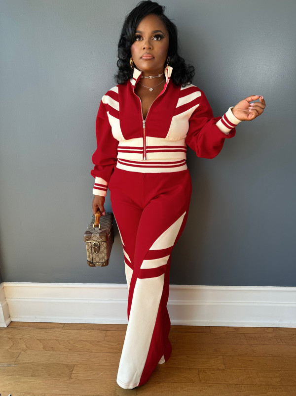 Fashion Color Block Long Sleeve Two Piece Pants Set SFY-2789