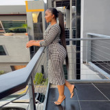 Black White Print 3/4 Sleeve Split Midi Dress SFY-2370