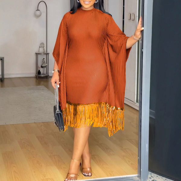 Plus Size Sequin Tassel Bat Sleeve Midi Dress NY-3300