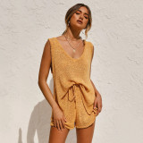 Deep V Neck Vest And Shorts Knits 2 Piece Shorts Set YMZY-4036