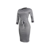 Black White Print 3/4 Sleeve Split Midi Dress SFY-2370