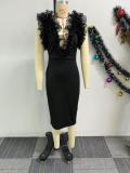 Plus Size V-neck Mesh Patchwork Bodycon Dress NY-10935