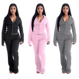 V Neck Zipper Hooded Two Piece Pants Set YD-8819