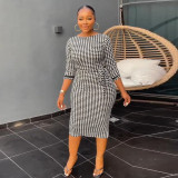 Black White Print 3/4 Sleeve Split Midi Dress SFY-2370