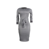 Black White Print 3/4 Sleeve Split Midi Dress SFY-2370
