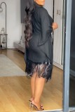 Plus Size Sequin Tassel Bat Sleeve Midi Dress NY-3300