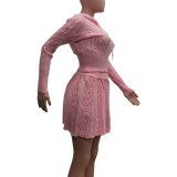 Woolen Solid Color Hooded Tops And Skirt  2 Piece Set TK-6331