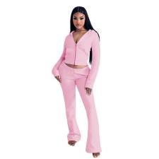 V Neck Zipper Hooded Two Piece Pants Set YD-8819