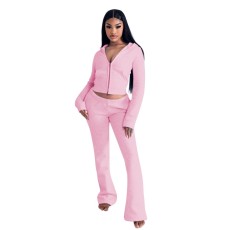 V Neck Zipper Hooded Two Piece Pants Set YD-8819