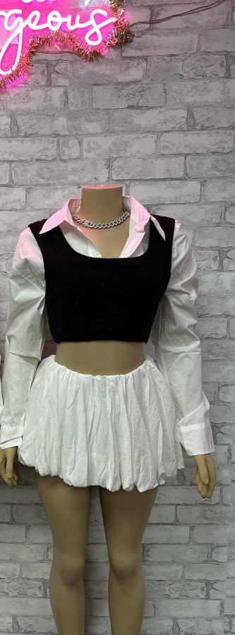 Pre Order: About 7 work days shipping Casual Contrast Color Bubble Two Piece Skirts Set YUEM-50004