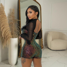 Sequin Deep V Neck Long Sleeve Romper BY-7055