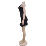Sequin Feather Patchwork Sling Mini Dress BY-7076