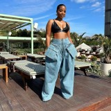 Vintage Loose Wide Leg Denim Two Piece Pants Set GQLF-30059