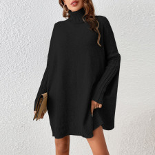 High Neck Long Sleeve Loose Sweater Mini Dress GDAM-7180