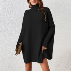 High Neck Long Sleeve Loose Sweater Mini Dress GDAM-7180