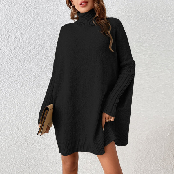 High Neck Long Sleeve Loose Sweater Mini Dress GDAM-7180