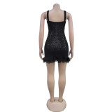 Sequin Feather Patchwork Sling Mini Dress BY-7076
