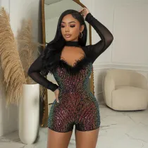 Sequin Deep V Neck Long Sleeve Romper BY-7055