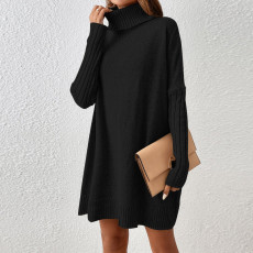 High Neck Long Sleeve Loose Sweater Mini Dress GDAM-7180