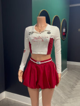 Pre Order: About 7 work days shipping Lapel Lace T Shirt And Solid Color Skirts Suit YUEM-390403