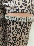 Leoparf Print Hollow Out Rhinestone Pants QODY-6049