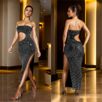 Hot Drill Wrap Chest Split Maxi Dress BY-7057
