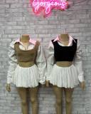 Pre Order: About 7 work days shipping Casual Contrast Color Bubble Two Piece Skirts Set YUEM-50004